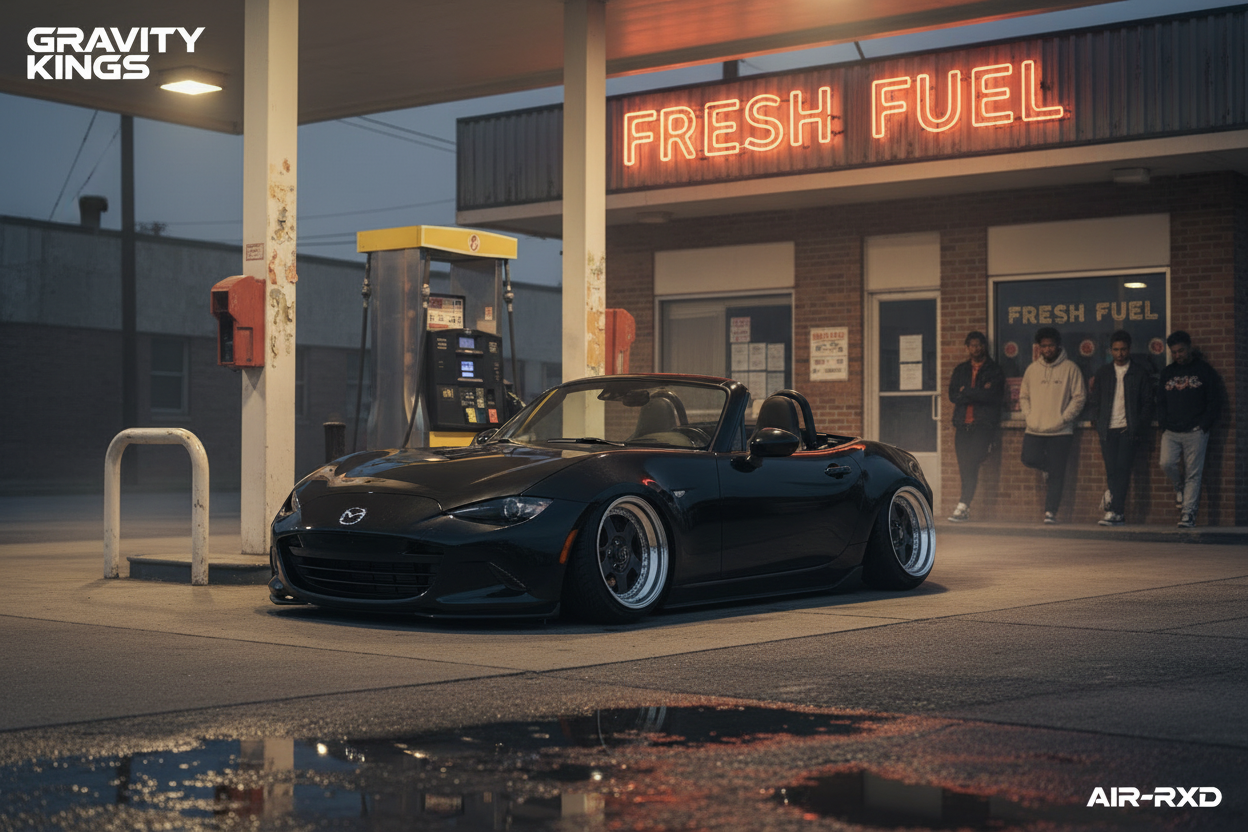 Standard car on air ride at gas station